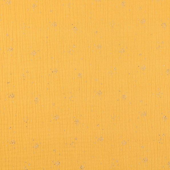 Tissu Double gaze de coton Eclats Argentés sur fond Moutarde - Par 10 cm