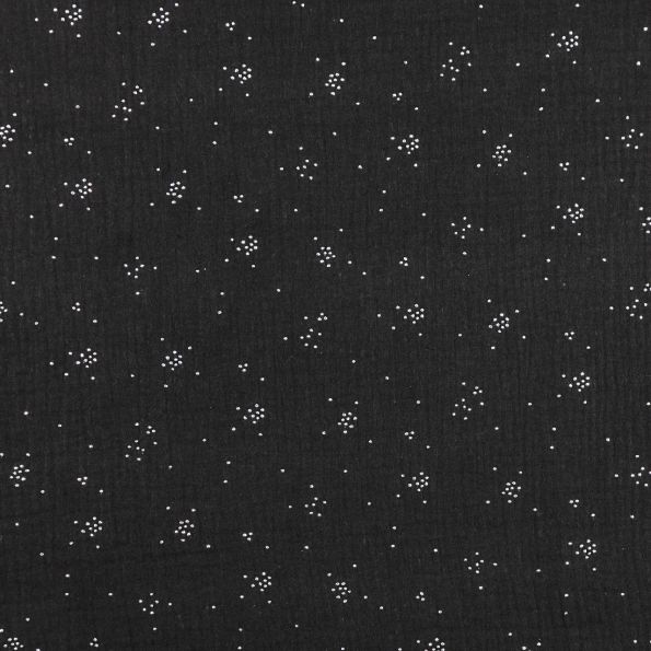 Tissu Double gaze de coton Eclats Argentés sur fond Noir - Par 10 cm
