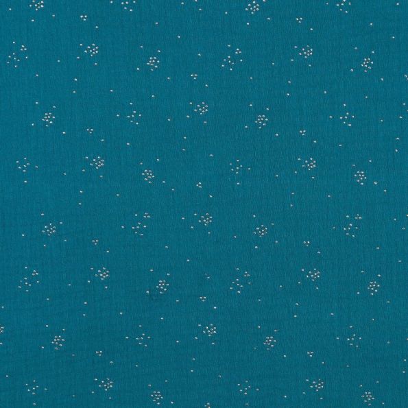 Tissu Double gaze de coton Eclats Argentés sur fond Bleu Paon - Par 10 cm
