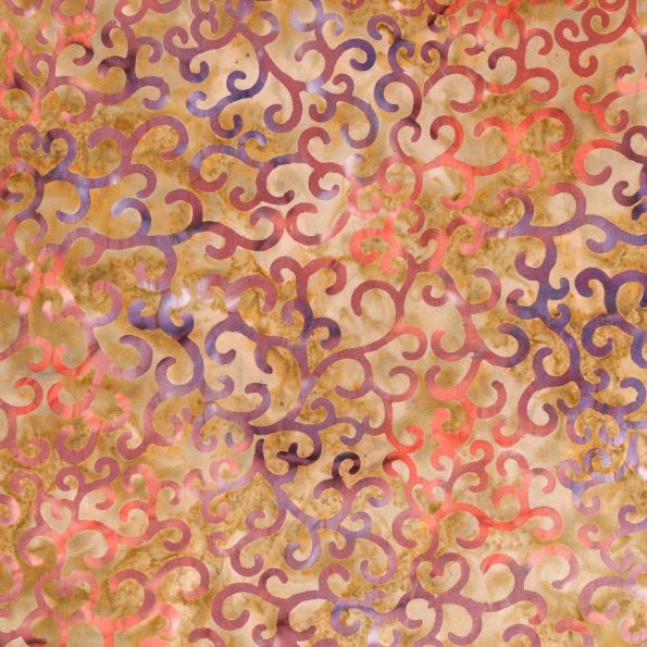 Tissu Batik Arabesques corail et bleues sur fond Rouille - Par 10 cm