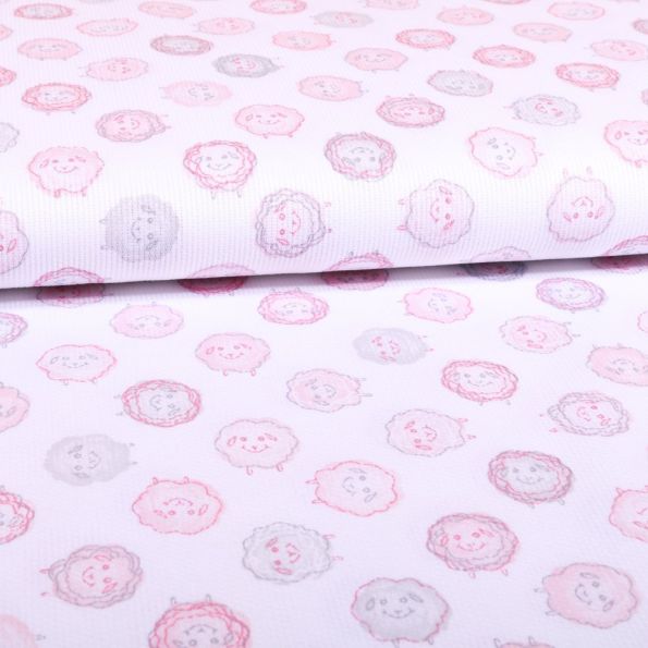 Tissu Piqué de coton Blanc Moutons Roses - Par 10 cm