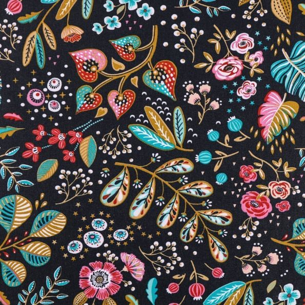 Tissu Coton Enduit Fleurs et feuilles multicolores sur fond Gris ardoise - Par 10 cm