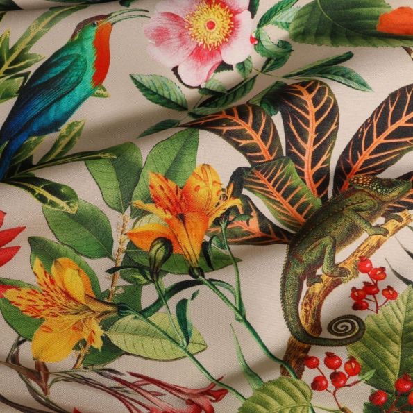 Tissu Toile extérieure imprimé Bora-Bora sur fond Naturel - Par 10 cm