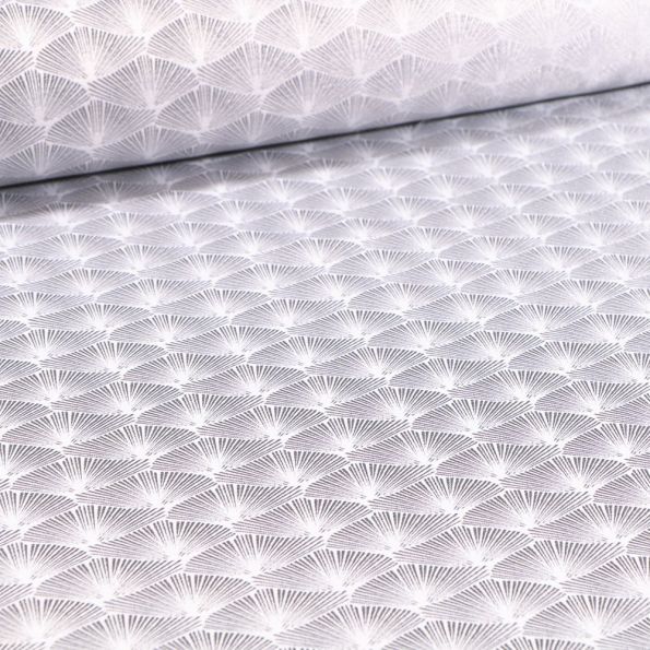 Tissu Jacquard Satiné Éventails lurex argent sur fond Blanc - Par 10 cm