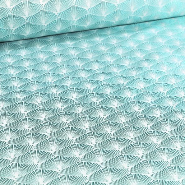 Tissu Jacquard Satiné Éventails lurex emeraude sur fond Blanc - Par 10 cm
