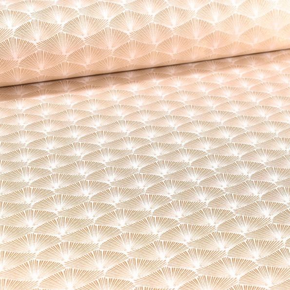 Tissu Jacquard Satiné Éventails lurex cuivre sur fond Blanc - Par 10 cm