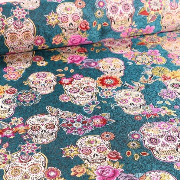 Tissu Toile jacquard El Día de los Muertos sur fond Vert émeraude - Par 10 cm