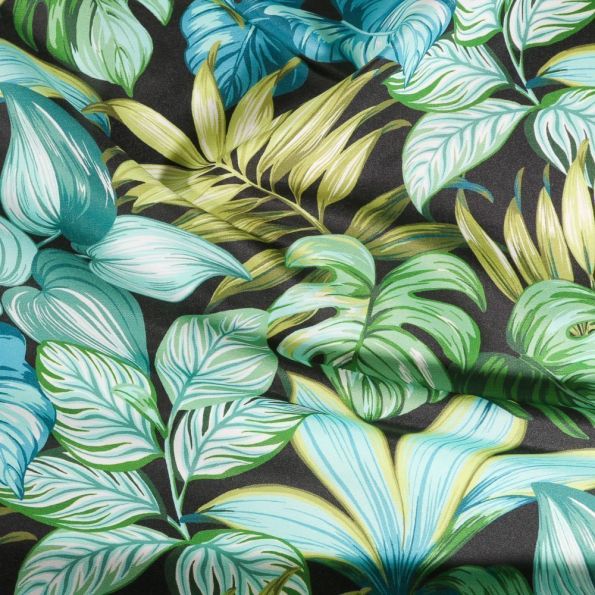 Tissu Toile extérieure imprimé Amazonie sur fond Noir - Par 10 cm