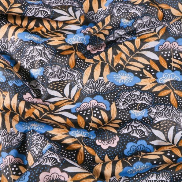 Tissu Coton enduit Fleurs et feuilles moutardes et bleus sur fond Noir - Par 10 cm