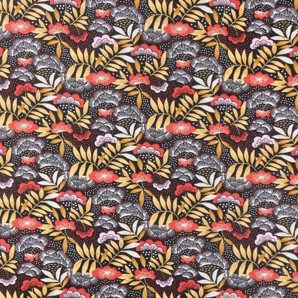 Tissu Coton Enduit Fleurs et feuilles moutarde, rouges et blanches sur fond Noir - Par 10 cm