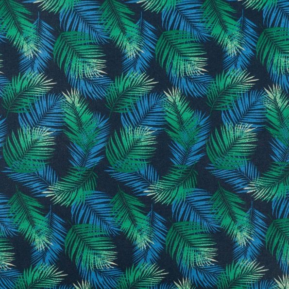 Tissu Coton Enduit Feuilles de Palmiers bleues et vertes sur fond Bleu marine - Par 10 cm